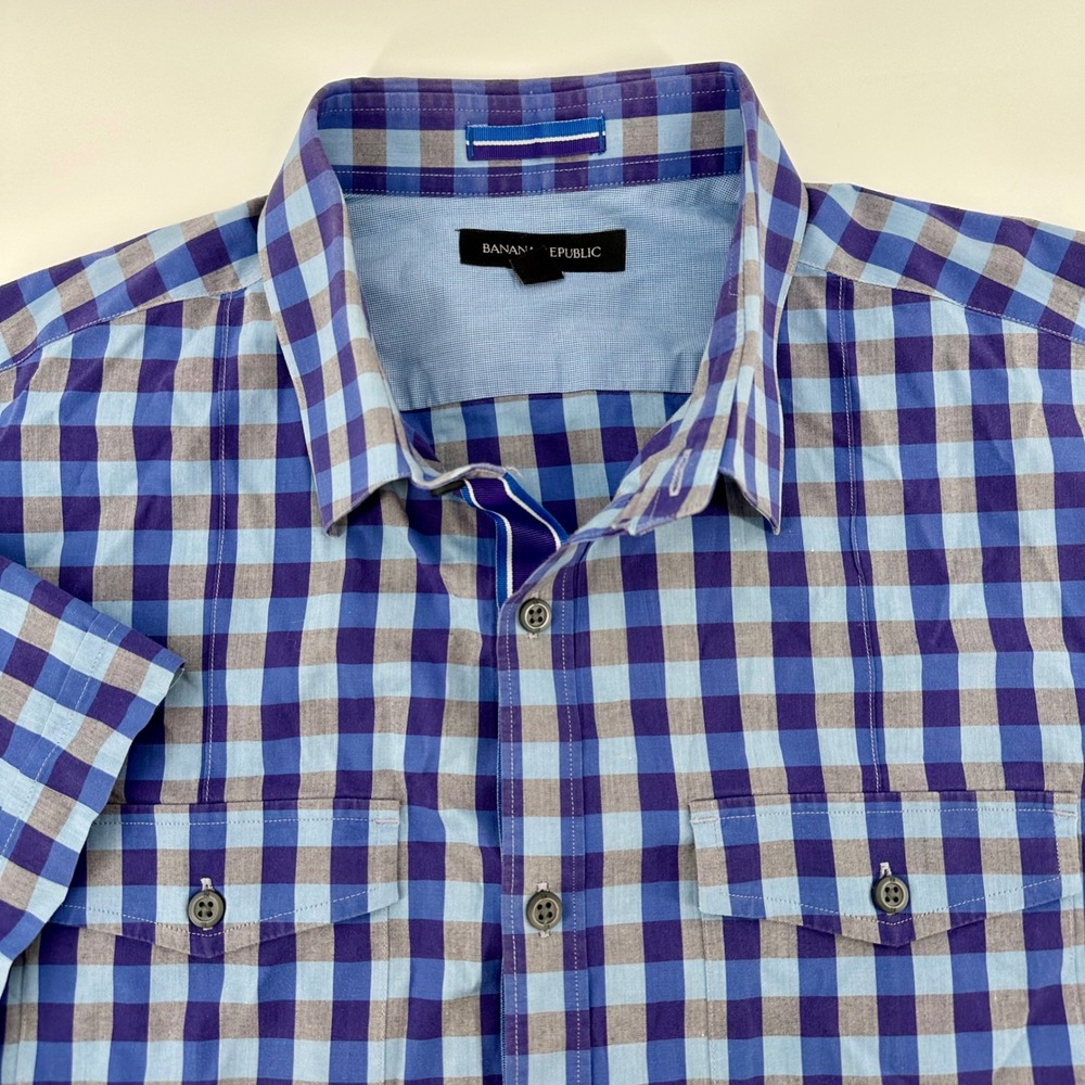 Banana Republic Mens XL Blue White Gingham Short SL Button Down Stretch‎ Shirts - Picture 15 of 16